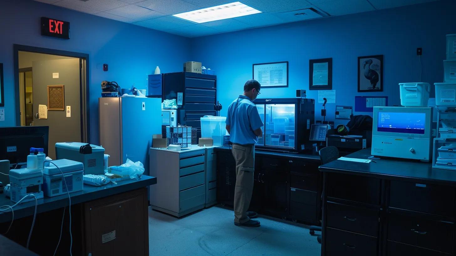 a modern, well-lit restoration office in mesa az, featuring advanced water damage restoration equipment and a focused technician reviewing moisture readings on a digital screen, conveying professionalism and expertise in emergency services.