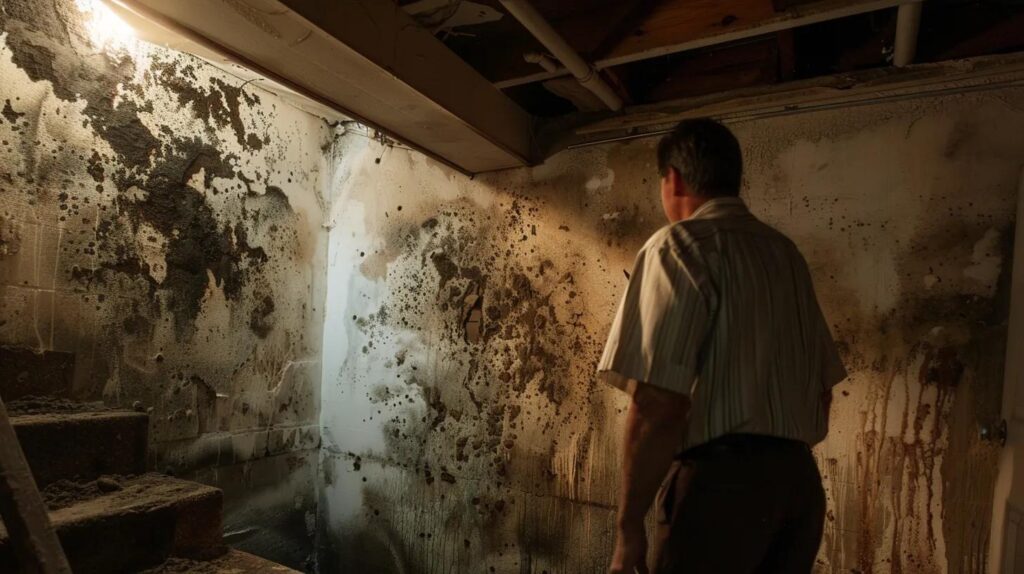 a concerned homeowner inspects a dimly lit, musty basement in mesa, az, where dark patches of mold are visibly spreading across the walls, highlighting the urgent health risks associated with mold exposure.