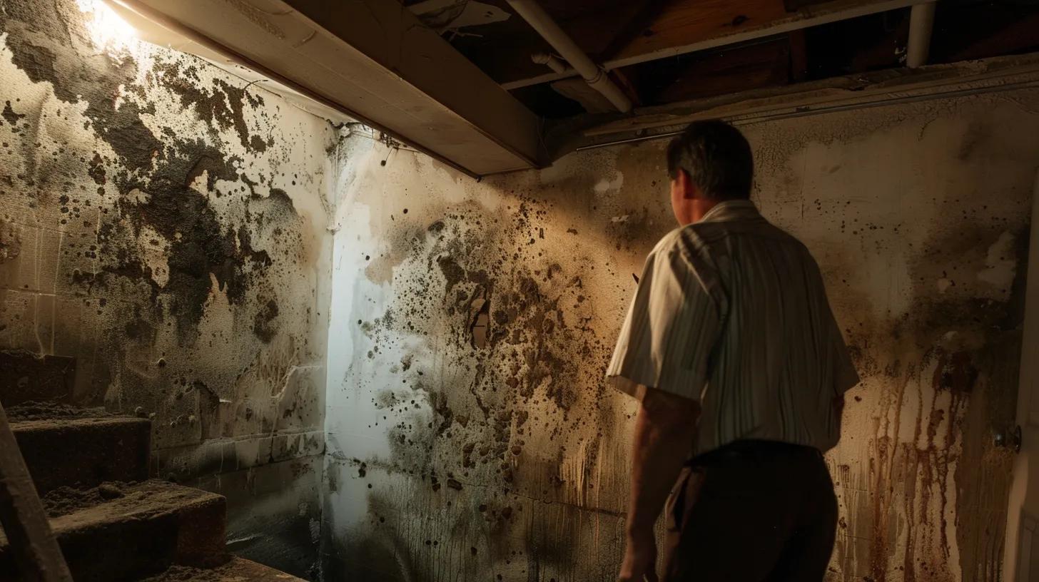 a concerned homeowner inspects a dimly lit, musty basement in mesa, az, where dark patches of mold are visibly spreading across the walls, highlighting the urgent health risks associated with mold exposure.