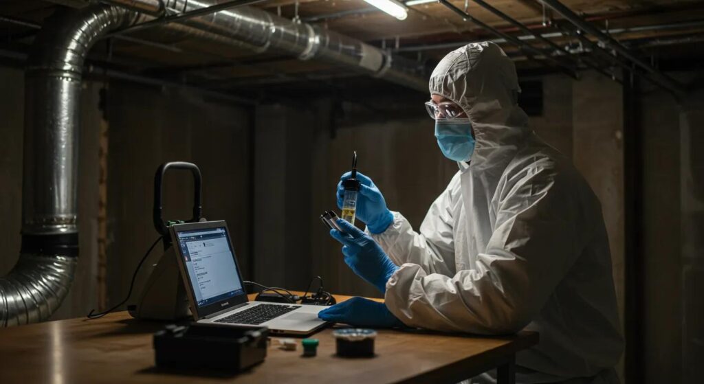 a focused indoor scene showcasing a professional mold inspector examining a residential basement, equipped with high-tech testing equipment, illuminated by bright overhead lights, emphasizing the seriousness of mold detection before remediation.